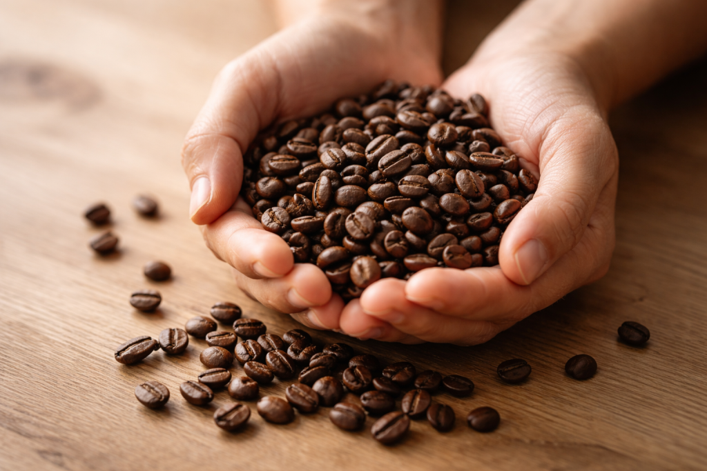 Stemningsfuldt, symbolsk billede til mission/vision: close-up af ristede kaffebønner i hånden over en lys træbordplade, der afspejler omsorg, kvalitet og gennemsigtighed i valg af kaffe.
