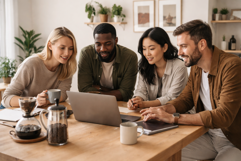 Billede til ‘Om os’ med lille dansk redaktion/kaffeteam rundt om et bord med kaffeudstyr og bærbare computere. Naturligt, uformelt og fokuseret samarbejde – mere ægte end opstillet kontorfoto.