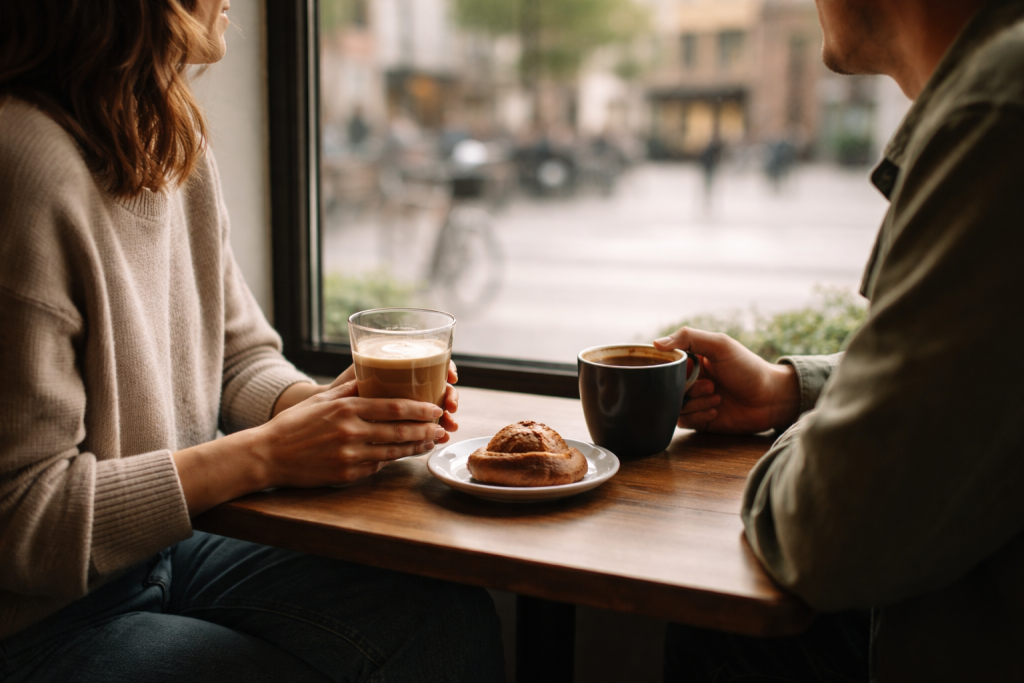 Livsstilsbillede til generel stemning: to personer ved et vinduesbord på café med hver sin kaffedrik og afslappet samtale, der understreger kaffekultur og hygge.