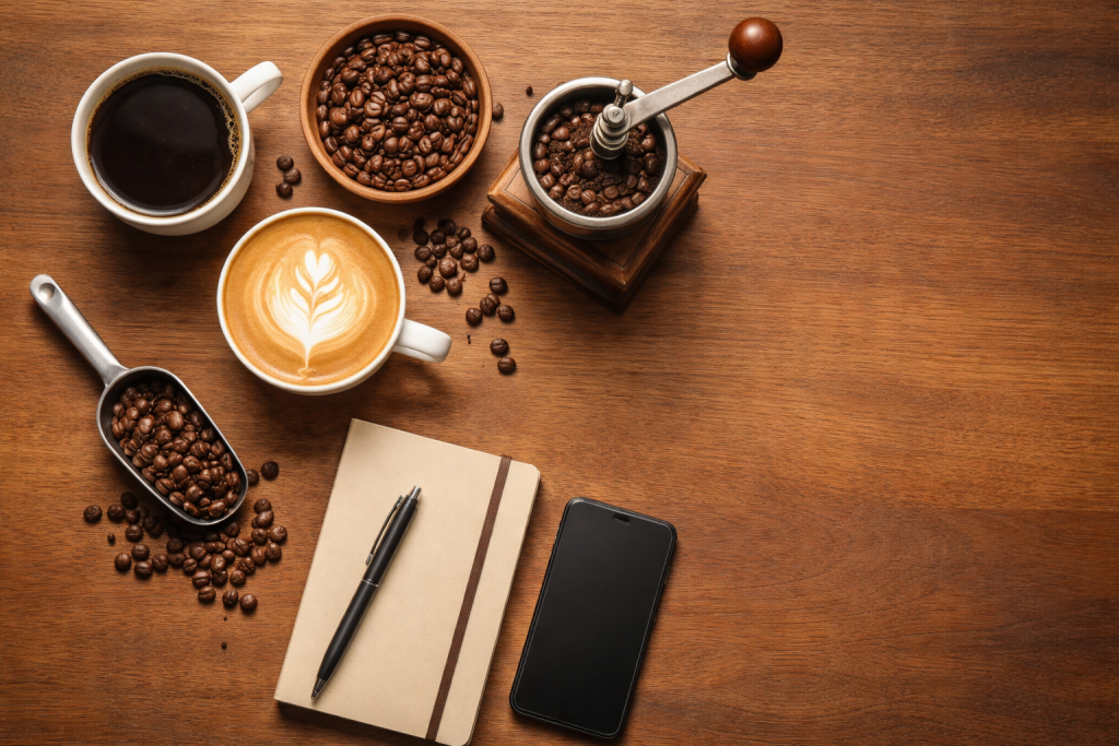 Standard blogheader med fladt laydown af forskellige kaffeelementer på et bord: bønner, forskellige kopper, kværn, notesbog – fleksibel til mange emner om kaffe.
