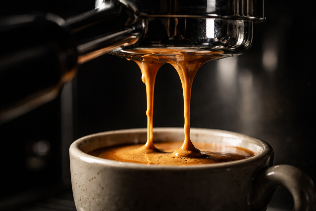 Detaljefoto til at fremhæve nørdet viden: close-up af espressoshot, der brygges, med fokus på cremen, metal og præcision.