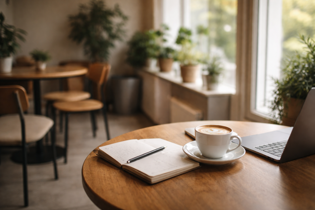 Sekundær hero til undersider med et hyggeligt caféhjørne: lille rund bordplade, cappuccino med latte art, laptop og notesbog, der viser kaffe som en del af fokus og fordybelse.