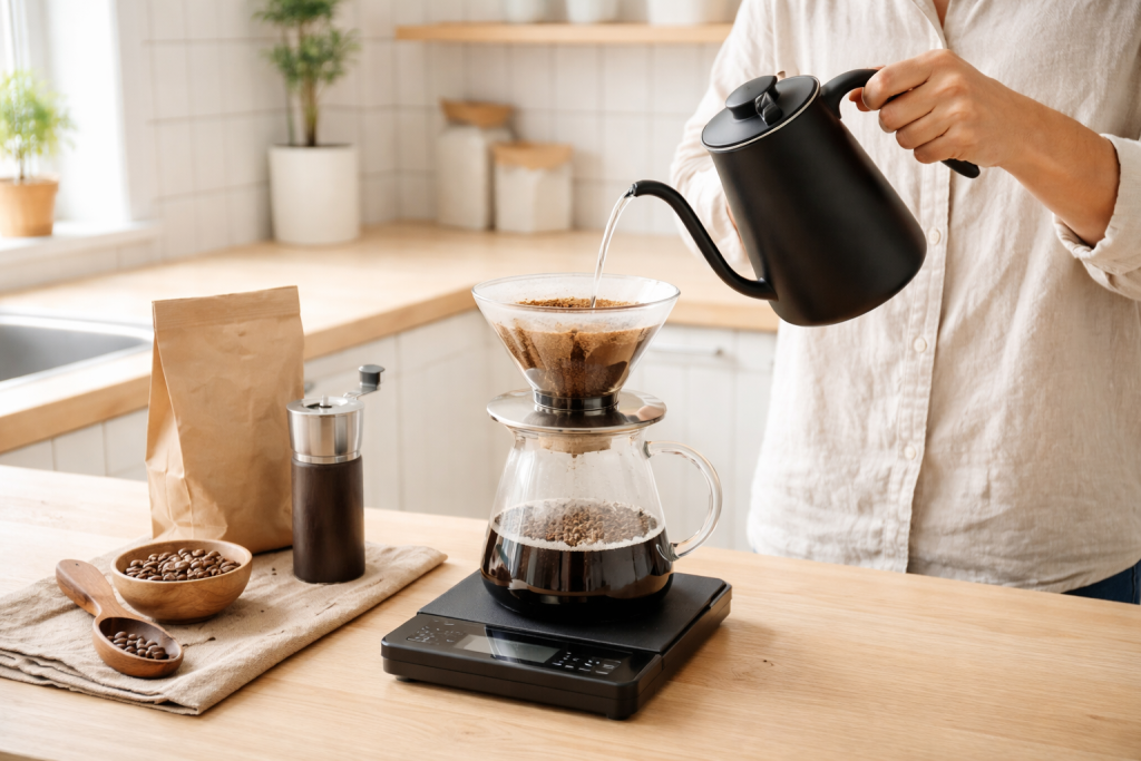 Illustration til guides om hjemmebrygning: overskueligt setup med pour-over/filterkaffe på køkkenbord, vægt, kværn og kedel arrangeret i et rent, nordisk miljø.