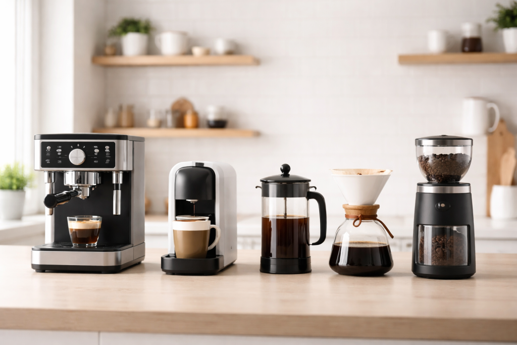 Illustration til købsguides og produktanbefalinger: moderne køkkenbord med flere forskellige kaffemaskiner og kværne side om side, klar til sammenligning.