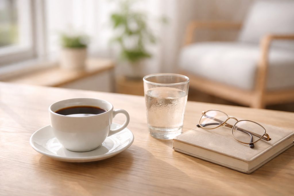 Illustration til artikler om sundhed og koffein: rolig morgenstemning med en enkel kop sort kaffe, glas vand, lille notesbog og briller – fokus på balance og bevidste valg.