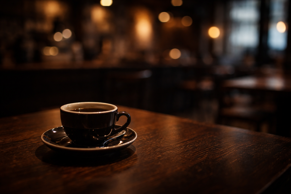 Baggrund til testimonials: mørk, blødsløret caféstemning med lys i baggrunden og en enkel kaffekop i forgrunden, som giver rolig kontrast til hvid tekst.